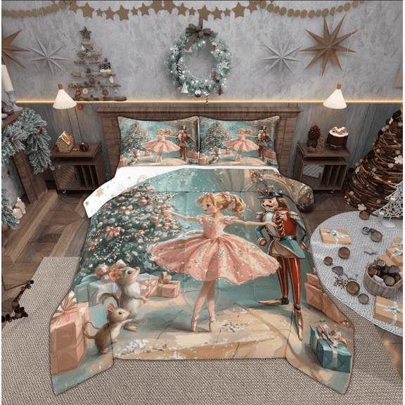 Manfei Girly Pink Princess Bedding Comforter Set, Christmas Nutcracker Royal Guarder Twin Comforter Sets, Dreamy Fairy Tale Reversible Bedding Set, Ultra Soft Home Decor, 2pcs
