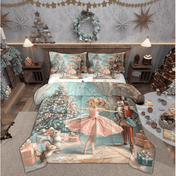 Manfei Girly Pink Princess Twin Bedding Sets 7-Piece, Christmas Nutcracker Royal Guarder Bedding Comforter Set, Dreamy Fairy Tale Reversible Sheet Sets, Ultra Soft Home Decor