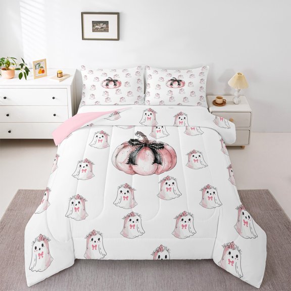 Manfei Girly Pink Pumpkin Queen Comforter Set, Gothic Bat Ghost Print Bedding Sets, Sugar Halloween Reversible Bedding Comforter Set, Breathable Home Decor, 3pcs