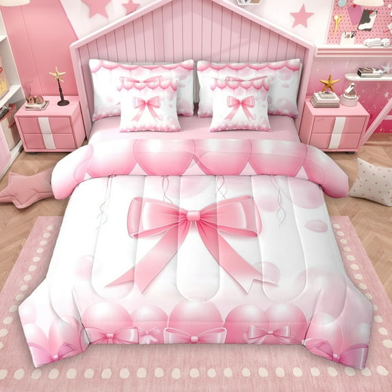 Manfei Girly Pink Ribbon 7 Pieces Bedding Comforter Set for Kids, Cute Cartoon Bow-tie Full Bedding Set, Princess Bowknot Style Reversible Fitted Sheet Flat Sheet, Breathable Home Decor