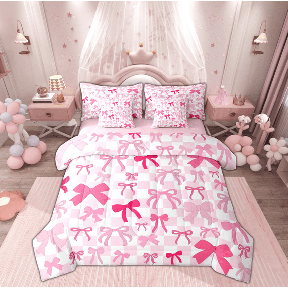 Manfei Girly Pink Ribbon Bedding Comforter Set 7pcs for Girls, Cute Buffalo Plaid Queen Bedding Sets, Princess Style Reversible Queen Sheet Sets, Super Cozy Room Decor