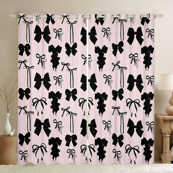 Manfei Girly Pink Ribbon Black Out Curtains for Kids, Kawaii Cartoon Bow-tie Curtains Pack of 2 (42x63 Each), Princess Bowknot Style Bedroom Curtains, Window Curtains Bedroom Decor