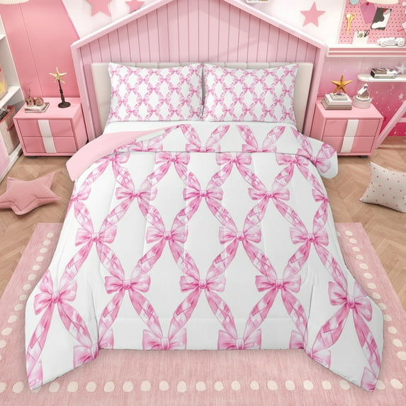 Manfei Girly Pink Ribbon Full Size Comforter Sets for Kids, Watercolor Cartoon Bow-tie Bedding Comforter Set, Princess Bowknot Style Reversible Bedding Sets, Luxury Bedroom Decor, 3pcs