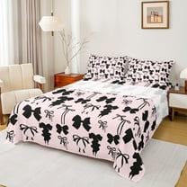 Manfei Girly Pink Ribbon Twin Sheet Sets for Kids, Kawaii Cartoon Bow-tie Twin Fitted Sheet, Princess Bowknot Style Flat Sheet, Luxury Bedroom Decor, 3pcs