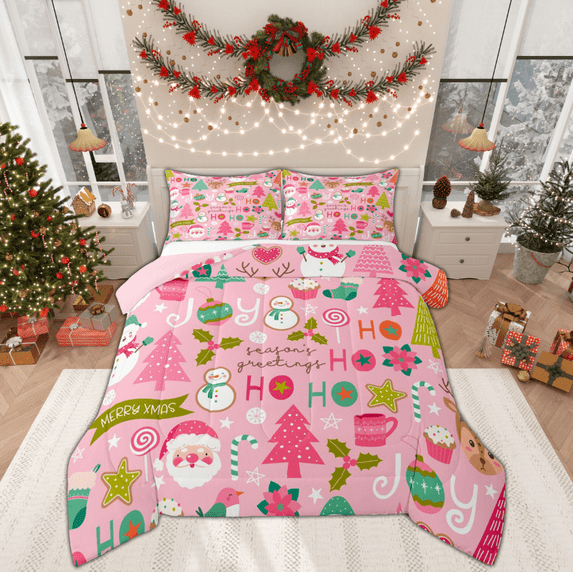 Manfei Girly Pink Snowman Queen Comforter Set for Teens, Kawaii Santa Claus Bedding Sets, Merry Christmas Reversible Bedding Comforter Set, Breathable Home Decor, 3pcs