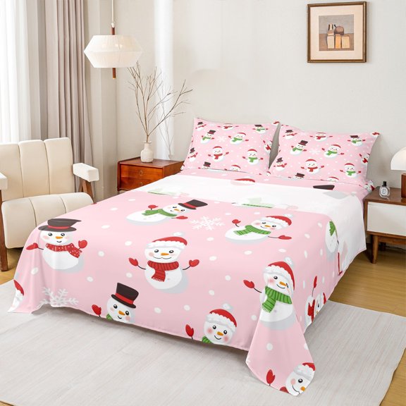 Manfei Girly Pink Snowman Twin Sheet Sets for Kid, Merry Christmas Twin Fitted Sheet, Western Winter Festival Flat Sheet, Breathable Home Decor, 3pcs