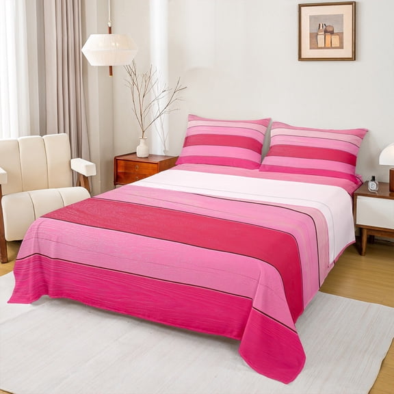 Manfei Girly Pink Stripes Bed Sheets for Female, Modern Abstract Ombre King Sheets, Chic Artwork Sheet Set, Lightweight Room Decor, 4pcs