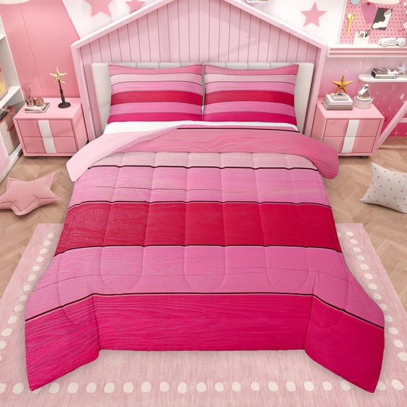 Manfei Girly Pink Stripes Queen Comforter Set for Female, Modern Abstract Ombre Bedding Sets, Chic Artwork Reversible Bedding Comforter Set, Lightweight Room Decor, 3pcs