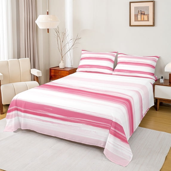 Manfei Girly Pink Stripes Queen Sheet Sets for Adult, Oil Printing Artwork Flat Sheet, Abstract Ombre Queen Fitted Sheet, Breathable Home Decor, 4pcs