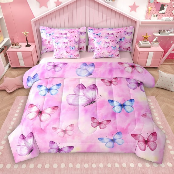 Manfei Girly Pink Watercolor 7pcs Bedding Comforter Set for Kids, Butterfly Animal Queen Bedding Sets, Chic Artwork Reversible Queen Sheet Sets, Microfiber Bedroom Decor