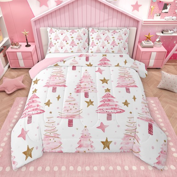 Manfei Girly Pink Xmas Tree Bedding Comforter Set, Christmas Gold Stars Print Twin Comforter Sets, Dreamy Cartoon Reversible Bedding Set, Luxury Bedroom Decor, 2pcs