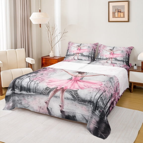 Manfei Girly Princess Bed Sheets for Teens, Pink Cherry Blossoms King Sheets, Eiffel Tower Sheet Set, Luxury Bedroom Decor, 4 Pieces