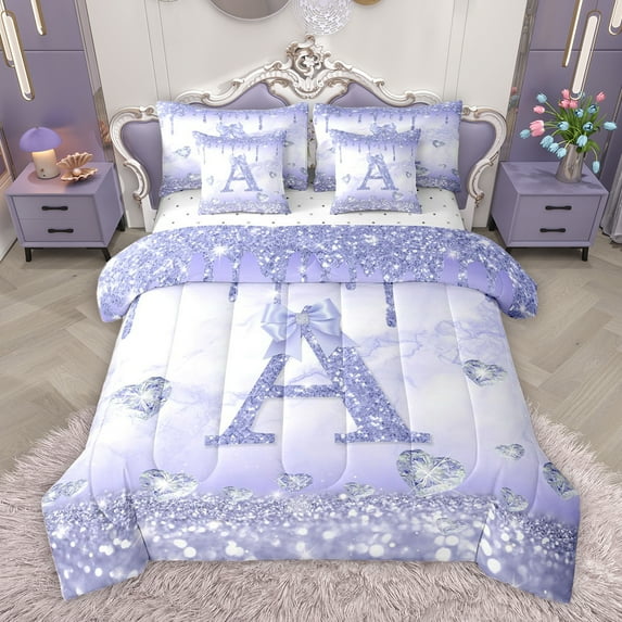 Homewish Girly Purple Letter A Bedding Comforter Set 7pcs, Romantic Glitter Diamond King Bedding Sets, Teens Kids Girls Women Reversible Bed Sheets, Breathable Home Decor