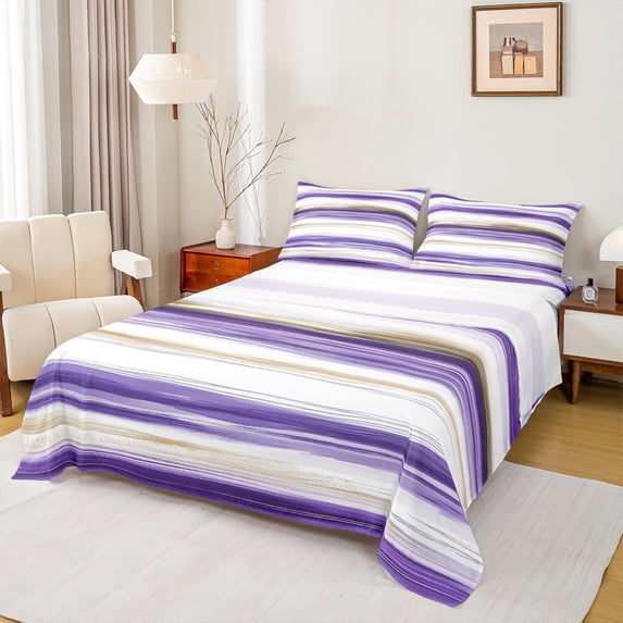 Manfei Girly Purple Stripes Twin Sheet Sets for Adult, Oil Printing Artwork Twin Fitted Sheet, Abstract Ombre Flat Sheet, Ultra Soft Home Decor, 3pcs