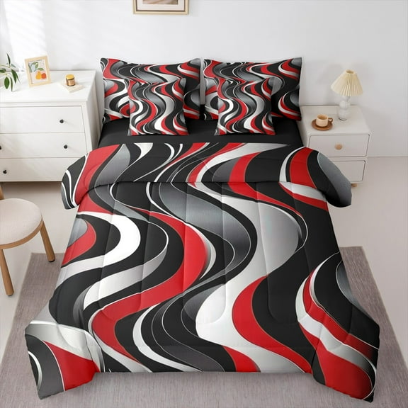 Manfei Girly Red Minimalst Bedding Comforter Set 7pcs, Stripes Ombre Queen Bedding Sets, Modern Abstract Geometric Reversible Queen Sheet Sets, Luxury Bedroom Decor