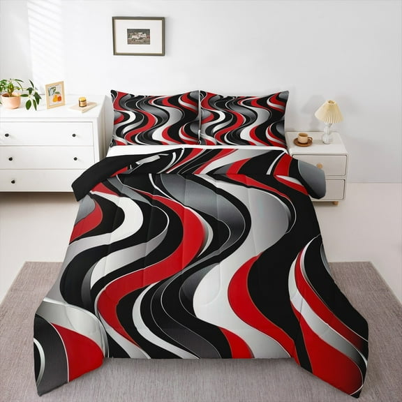 Manfei Girly Red Minimalst Bedding Comforter Set, Stripes Ombre Twin Comforter Sets, Modern Abstract Geometric Reversible Bedding Set, Luxury Bedroom Decor, 2 Pieces