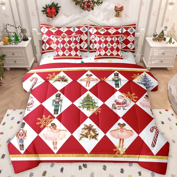 Manfei Girly Red Princess Bedding Comforter Set 7pcs for Kid, Dreamy Xmas Tree Bell King Bedding Sets, Cartoon Nutcracker Guard Reversible Bed Sheets, Luxury Bedroom Decor
