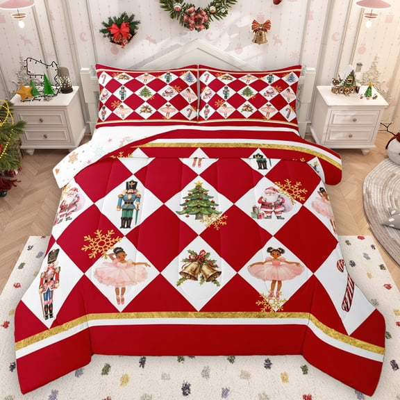 Manfei Girly Red Princess Bedding Comforter Set for Kid, Dreamy Xmas Tree Bell Twin Comforter Sets, Cartoon Nutcracker Guard Reversible Bedding Set, Luxury Bedroom Decor, 2pcs