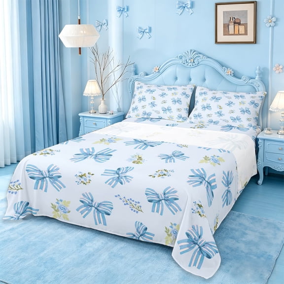 Manfei Girly Ribbon Bow Full Size Sheets For Kids,Blue Princess Bowknot Bed Sheets For Girls,4pcs