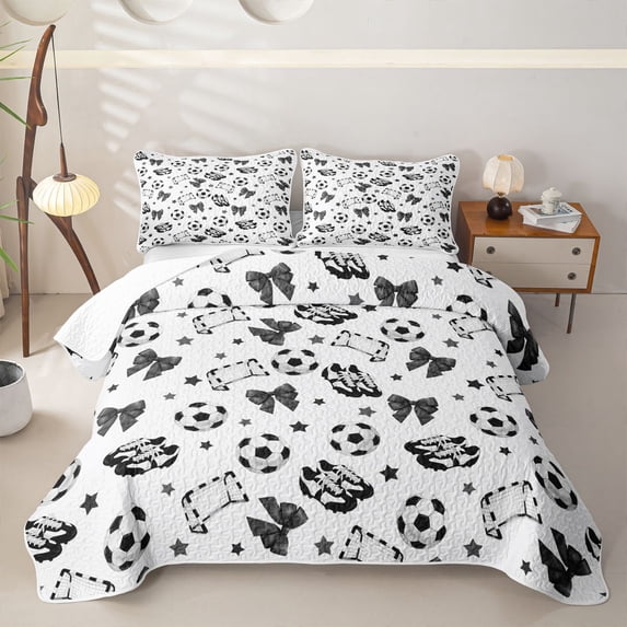 Manfei Girly Soccer Quilt King For Boys,Bow Star Print King Coverlet Set,Black White,3pcs