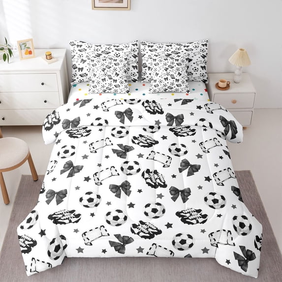 Manfei Girly Soccer Twin Bedding For Boys,Bow Star Print Bedding Comforter Set,Black White,Polkadot Reversible,7 Pieces