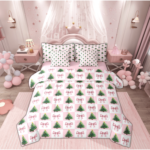 Manfei Girly Xmas Tree Twin Bedding Sets 7-Piece, Princess Cute Bow-tie Bedding Comforter Set, Teens Girls Kids Reversible Sheet Sets, Microfiber Bedroom Decor
