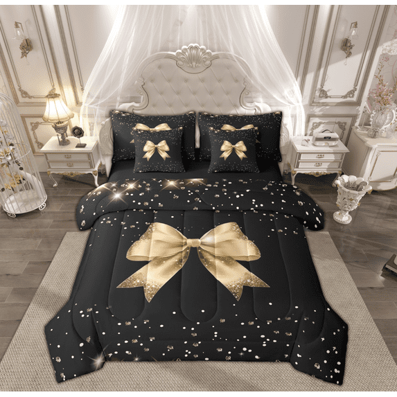 Manfei Girly Yellow Bowknot Bedding Comforter Set 7-Piece for Kids, Glitter Stars Print King Bedding Sets, Princess Cartoon Theme Reversible Bed Sheets, Microfiber Bedroom Decor