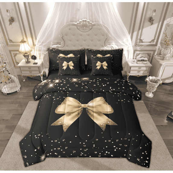 Manfei Girly Yellow Bowknot Twin Bedding Sets 7-Piece for Kids, Glitter Stars Print Bedding Comforter Set, Princess Cartoon Theme Reversible Sheet Sets, Microfiber Bedroom Decor