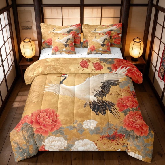 Manfei Gliding Crane Full Size Bedding Sets, Ruby Peony Branch Full ...