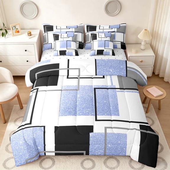 Manfei Glitter Blue Square Full Size Bedding Sets,Contemporary Simple Art Full Size Bed in a Bag, Reversible 7 Pieces