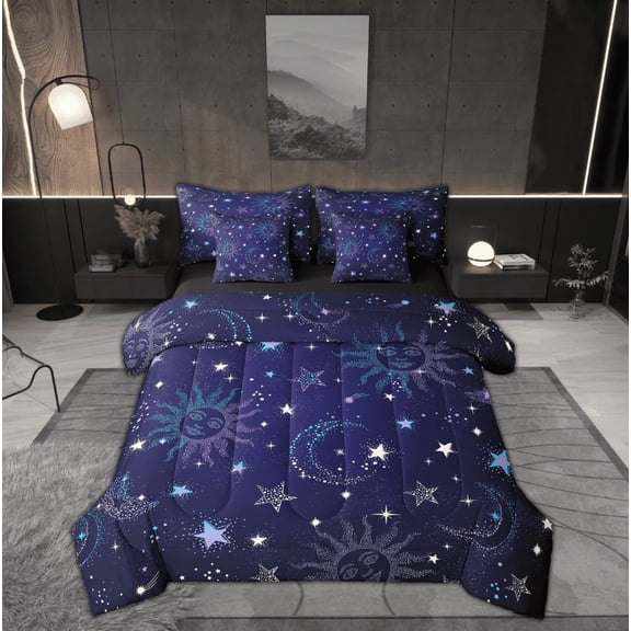 Manfei Glitter Boho Sun Bedding King Size, Bling Stars Print Bed Set, Mystic Starry Sky Reversible Bedding Sets King Size, Lightweight Bedroom Decoration, 7pcs