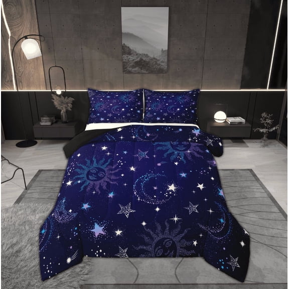 Manfei Glitter Boho Sun Comforter Sets Twin Size, Bling Stars Print Down Comforter, Mystic Starry Sky Reversible Bedding Twin Comforter Set, Lightweight Bedroom Decoration, 2pcs