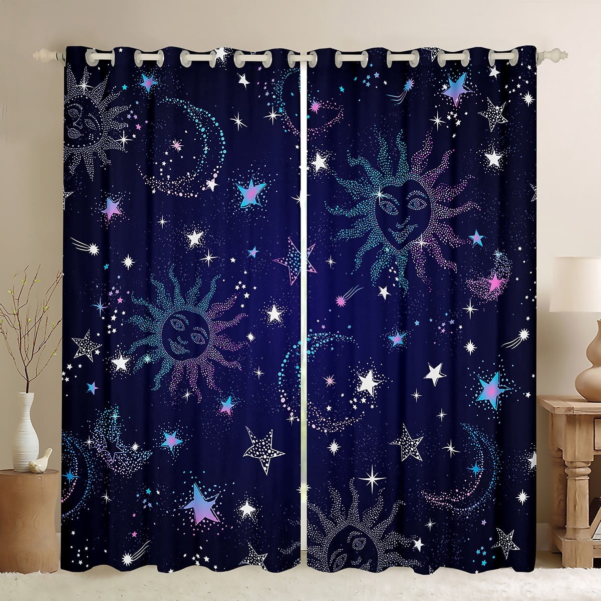 Manfei Glitter Boho Sun Curtains Pack of 2 (42x63), Bling Stars Print Black Out Curtains, Mystic Starry Sky Blackout Curtains for Bedroom, Window Drapes Bedroom Decoration