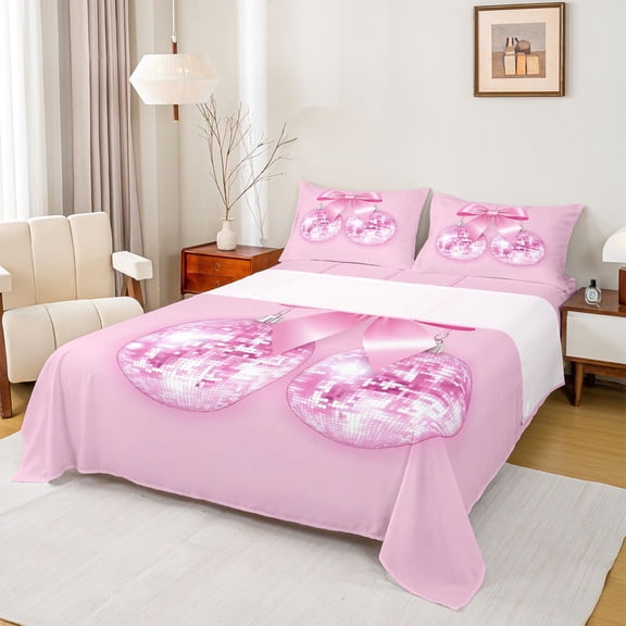 Homewish Disco Ball Queen Sheets, Pink Bow 4-Piece Microfiber Bedroom Decor