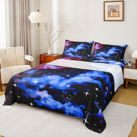 Manfei Glitter Galaxy Bed Sheets Queen, Psychedelic Starry Sky Queen Sheet Sets, Dreamy Cartoon Bedding Sets Queen Size, Super Cozy Bedroom Decorative, 4pcs