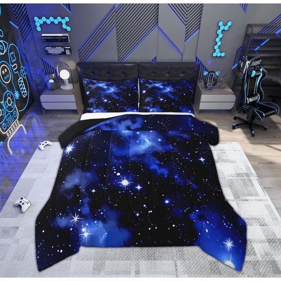 Manfei Glitter Galaxy Bedding Full Comforter Set, Psychedelic Starry Sky Down Comforter, Dreamy Cartoon Reversible Duvet Insert, Breathable Room Decoration, 3pcs