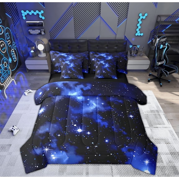 Manfei Glitter Galaxy Bedding Sets Full Size, Psychedelic Starry Sky Bed in a Bag Full size, Dreamy Cartoon Reversible Comforter Sets with Sheets, Breathable Room Decoration, 7pcs