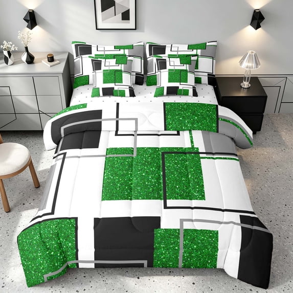 Manfei Glitter Green Square King Bedding,Contemporary Simple Art King Bed in a Bag, Reversible 7pcs