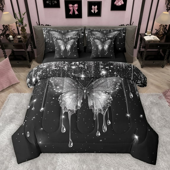 Homewish Glitter Grey Butterfly Bedding Comforter Set 7pcs for Teens, Valentines Day King Bedding Sets, Modern Fashion Sequin Print Reversible Bed Sheets, Lightweight Room Decor