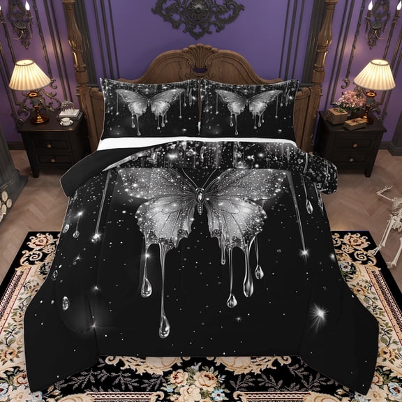 Homewish Glitter Grey Butterfly Bedding Comforter Set for Teens, Valentines Day Twin Comforter Sets, Modern Fashion Sequin Print Reversible Bedding Set, Lightweight Room Decor, 2pcs