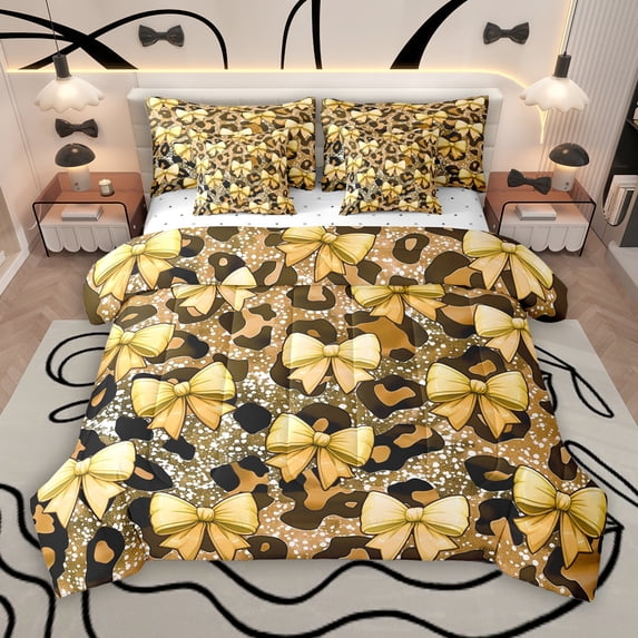 Manfei Glitter Leopard Print 7pcs Bedding Comforter Set, Girly Yellow Kawaii Bowknot Queen Bedding Sets, Modern Fashion Reversible Queen Sheet Sets, Lightweight Room Decor