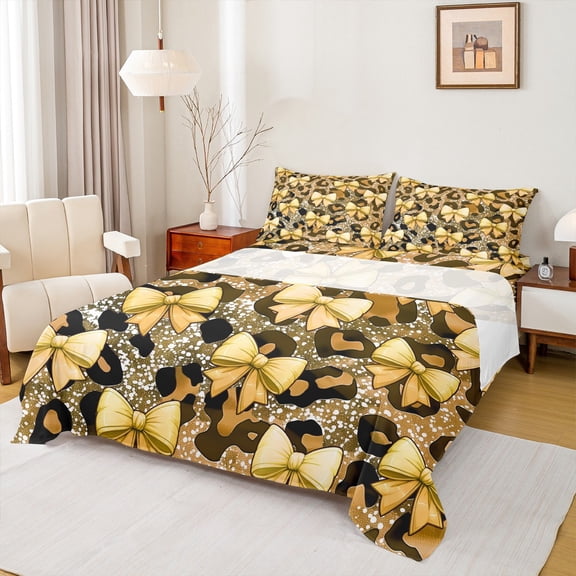 Manfei Glitter Leopard Print Bed Sheets, Girly Yellow Kawaii Bowknot King Sheets, Modern Fashion Sheet Set, Lightweight Room Decor, 4pcs
