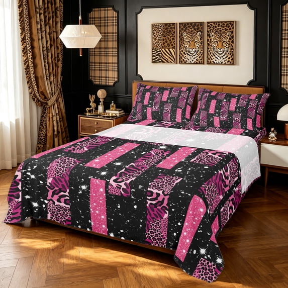 Manfei Glitter Leopard Print Queen Sheets, Old Fashion Abstract Queen Sheet Sets, Pink Black, 4-Piece, 1 Flat Sheet, 1 Fitted Sheet and 2 Pillowcases