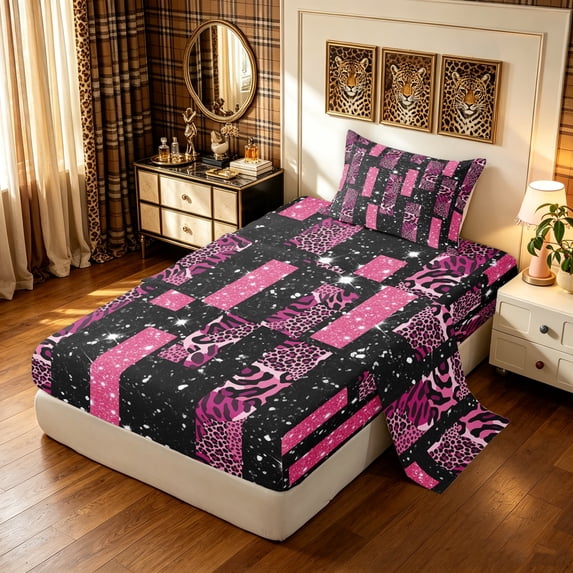 Manfei Glitter Leopard Print Twin Sheets, Old Fashion Abstract Bedding, Pink Black, 3-Piece, 1 Flat Sheet, 1 Fitted Sheet and 1 Pillowcase