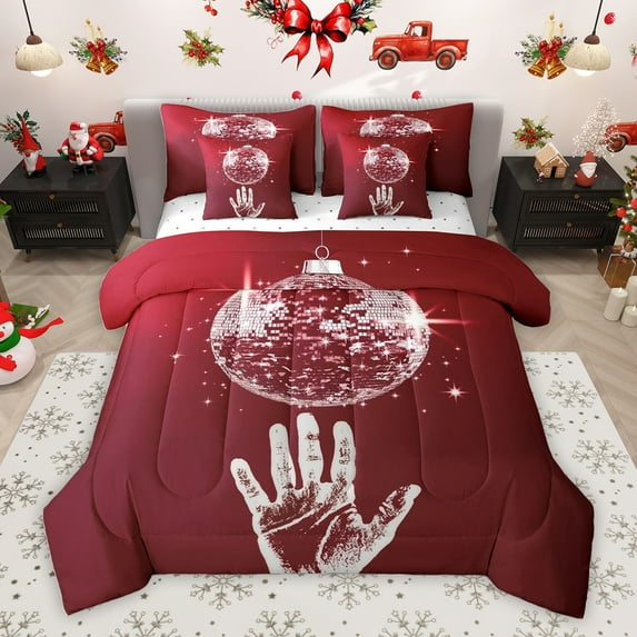 Homewish Glitter Maroon Disco Ball Twin Bedding Sets 7-Piece, Cartoon Hand Print Bedding Comforter Set, Modern Fashion Style Reversible Sheet Sets, Ultra Soft Bedroom Decor