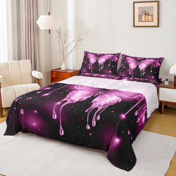 Homewish Glitter Pink Butterfly Bed Sheets for Teens, Valentines Day King Sheets, Modern Fashion Sequin Print Sheet Set, Breathable Home Decor, 4pcs