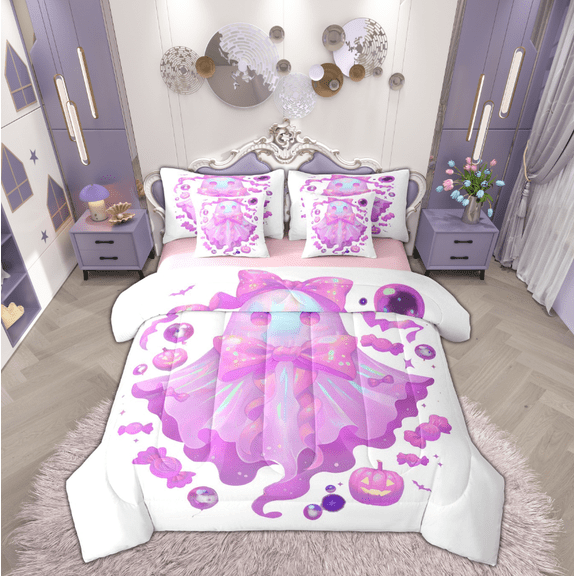 Manfei Glitter Pink Ghost Bedding Comforter Set 7-Piece, Cartoon Pumpkin King Bedding Sets, Kawaii Princess Halloween Reversible Bed Sheets, Super Cozy Room Decor