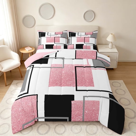 Manfei Glitter Pink Square Queen Comforter Set, Contemporary Simple Art Comforter Sets Queen, Pink Reversible 3 Pieces, 1 Comforter and 2 Pillowcases