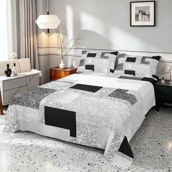 Manfei Glitter Plaid Print Bed Sheets, Bling Geometric Fuul Size Sheets, Gray, Black and Silver, Black Reversible 4-Piece1 Flat Sheet + 1 Fitted Sheet + 2 Pillowcases