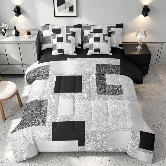 Manfei Glitter Plaid Print King Bedding, Bling Geometric King Bed in a Bag, Gray, Black and Silver, Black Reversible 7pcs